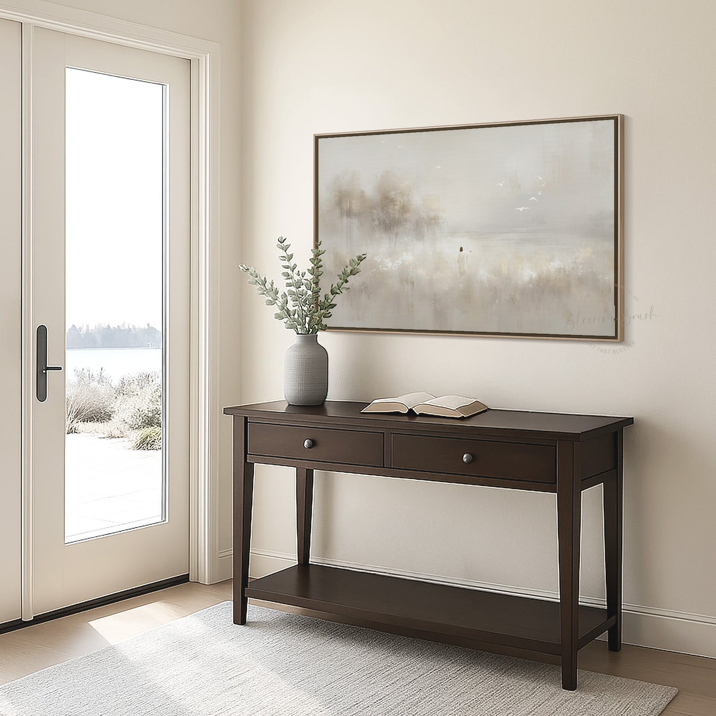 Look at the Birds, Lilies of the Field Christian Wall Art – Minimalist Beige Jesus Painting