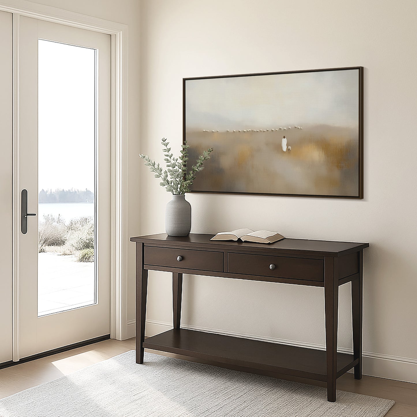 Jesus Leaves The 99 & Found Lost Sheep | Good Shepherd, Modern Christian Wall Art - Framed Canvas