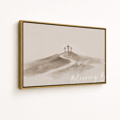 Three Crosses at Calvary Jesus Art – Beige Minimalist Christian Wall Decor | Blessing Brush