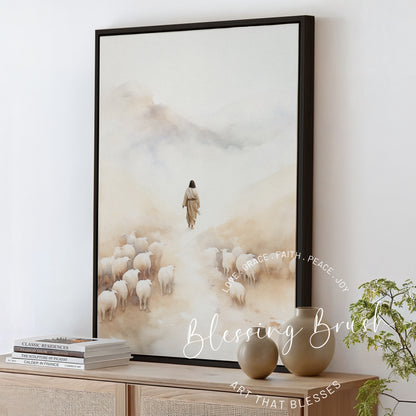 Jesus Leaves the 99 - Christian Framed Canvas Wall Art, Parable of the Lost Sheep, Faith Home Decor