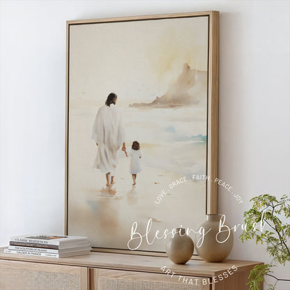 Watercolor painting of Jesus holding hands with a little girl while walking along the beach, framed Christian canvas wall art in soft neutral tones, Blessing Brush.