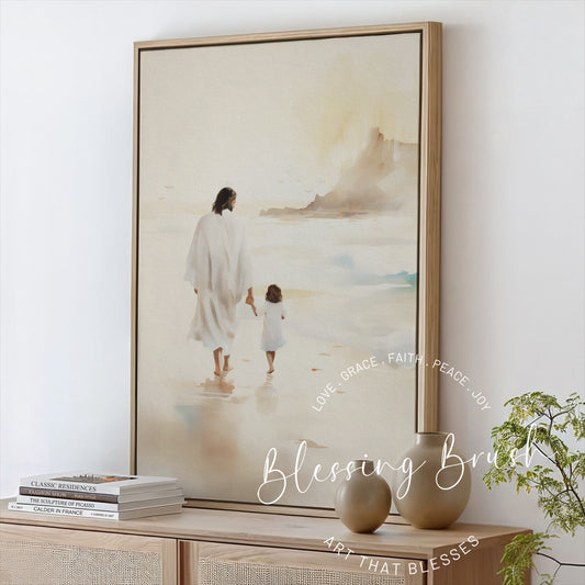 Watercolor painting of Jesus holding hands with a little girl while walking along the beach, framed Christian canvas wall art in soft neutral tones, Blessing Brush.