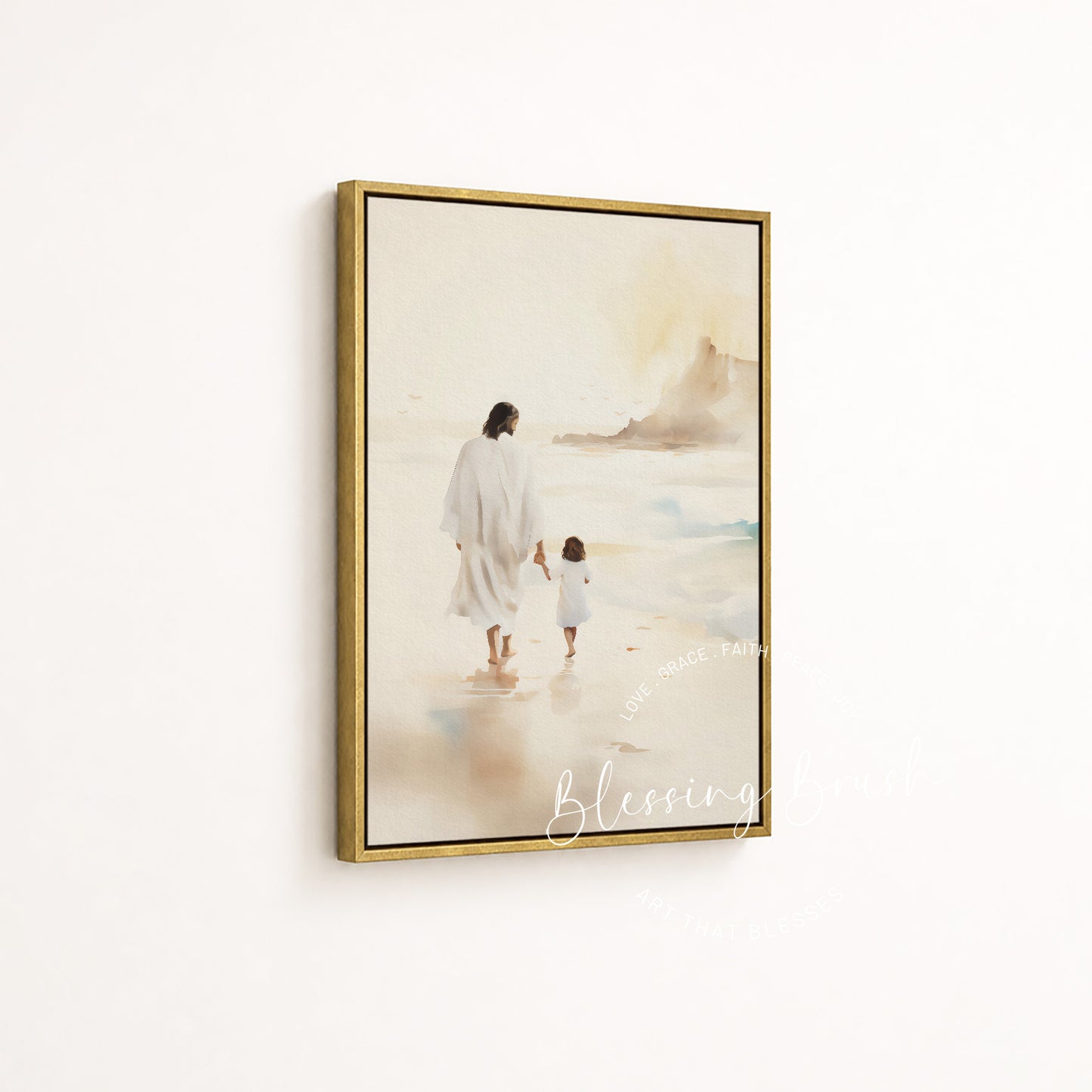 Jesus Walking with Child - Christian Framed Canvas Wall Art, Gentle Faith-Inspired Print, Spiritual Shoreline Scene for Home or Nursery