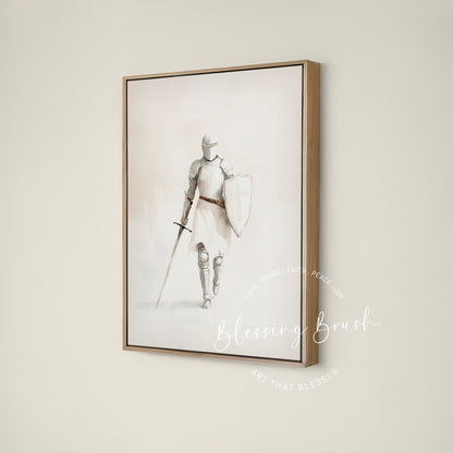 Minimalist Christian wall art of the Armor of God — a woman knight in armor holding a sword and shield with a cross. Modern abstract, neutral vertical framed canvas for faith and strength.