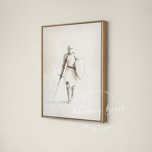 Minimalist Christian wall art of the Armor of God — a woman knight in armor holding a sword and shield with a cross. Modern abstract, neutral vertical framed canvas for faith and strength.