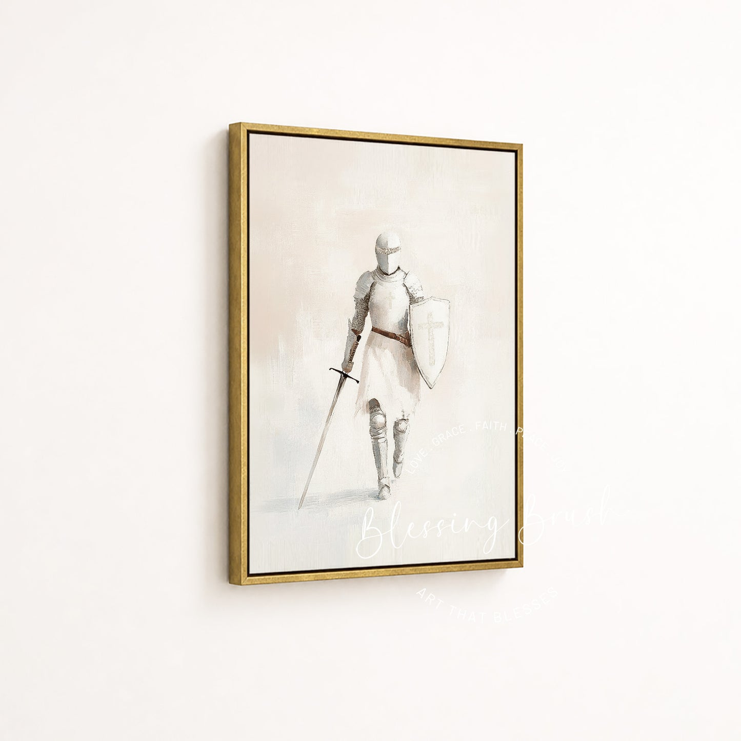 Armor of God – Christian Wall Art, Woman Christian Warrior, Beige Spiritual Warrior Framed Canvas