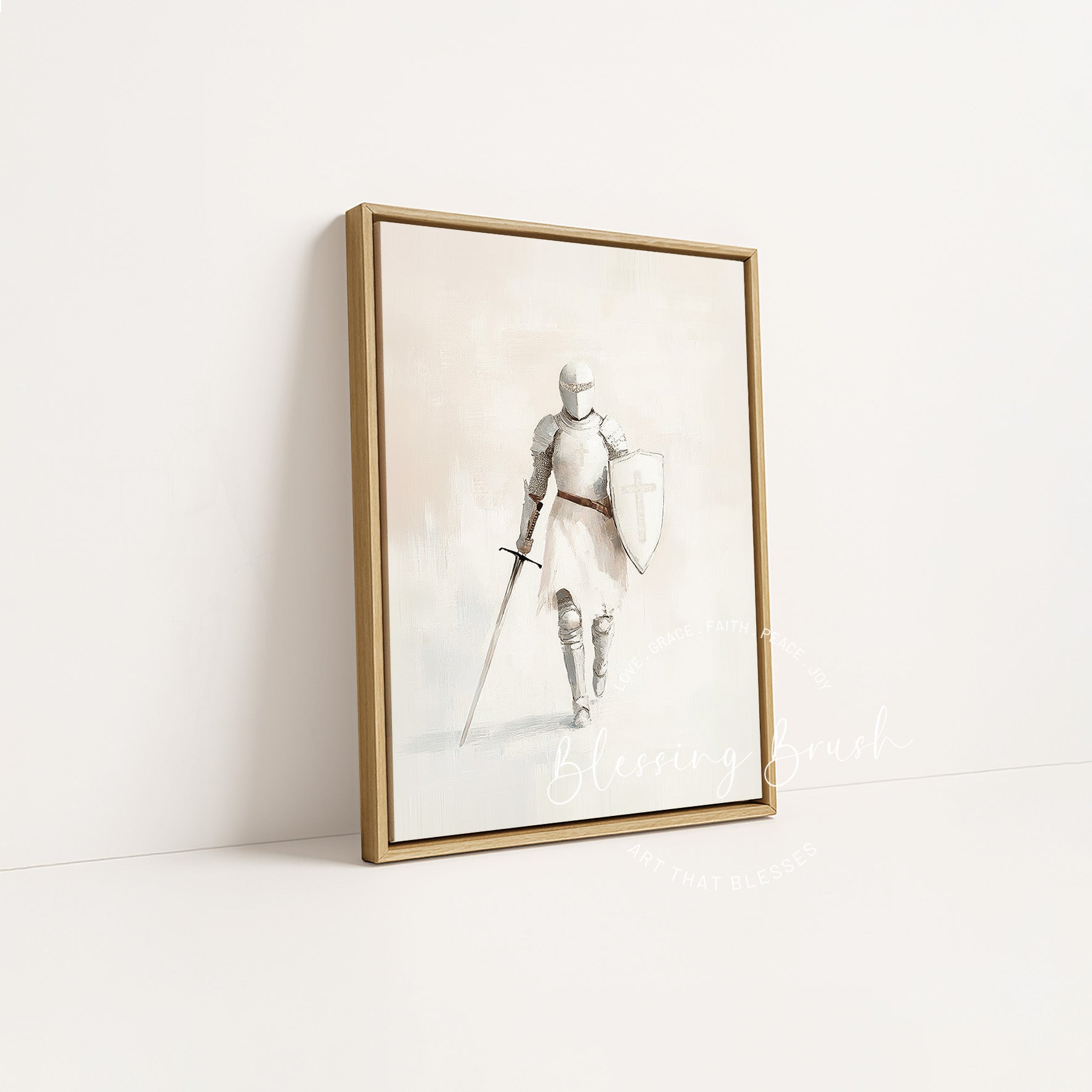 Minimalist Christian wall art of a woman in the Armor of God — beige abstract spiritual warrior with sword and shield. Modern framed canvas for faith, strength, and feminine courage. Blessing Brush Art.