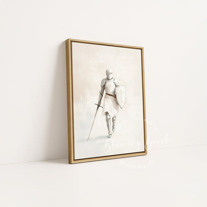 Minimalist Christian wall art of a woman in the Armor of God — beige abstract spiritual warrior with sword and shield. Modern framed canvas for faith, strength, and feminine courage. Blessing Brush Art.