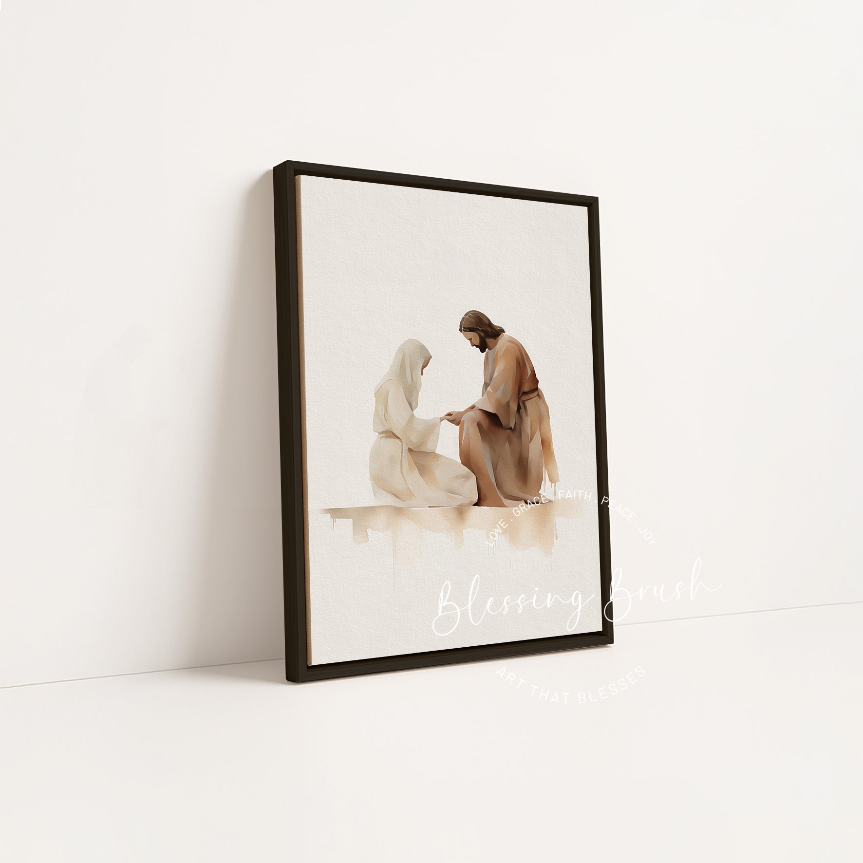 black frame large wall art of Jesus healing a woman of faith, bold modern Christian canvas | Blessing Brush