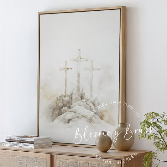 Watercolor painting of three wooden crosses on Calvary Hill, symbolizing the crucifixion of Jesus, framed Christian canvas in soft neutral tones, Blessing Brush.