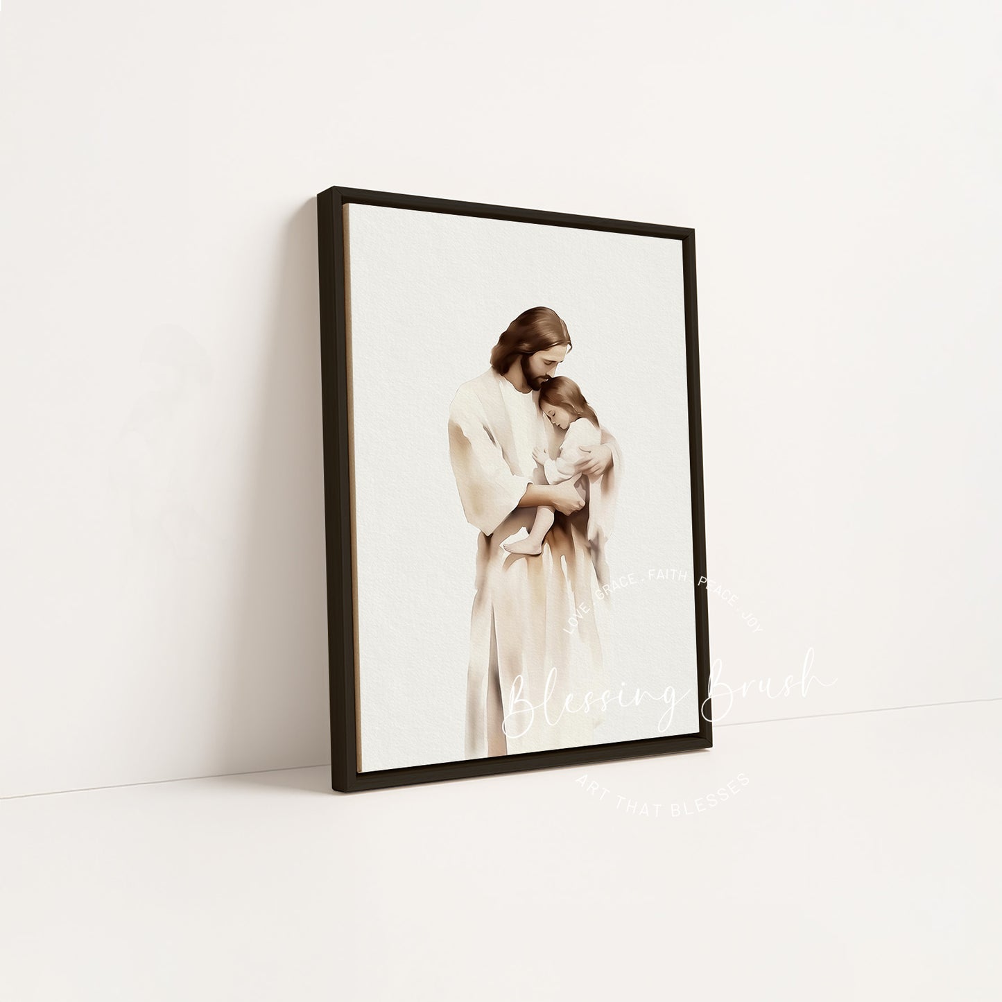 Jesus comforting a little girl in neutral Christian nursery wall decor by Blessing Brush
