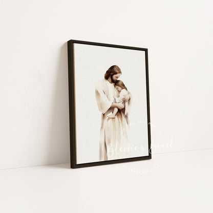 Jesus comforting a little girl in neutral Christian nursery wall decor by Blessing Brush