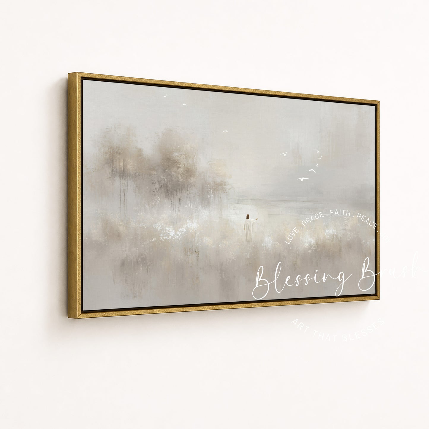 Look at the Birds, Lilies of the Field Christian Wall Art – Minimalist Beige Jesus Painting