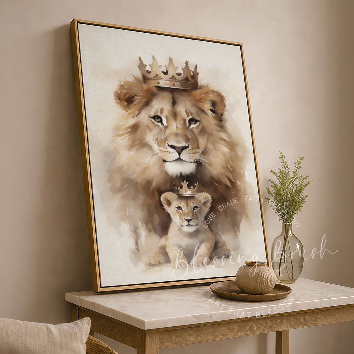 Museum quality Christian watercolor painting of a crowned lion and cub symbolising strength and faith | Blessing Brush