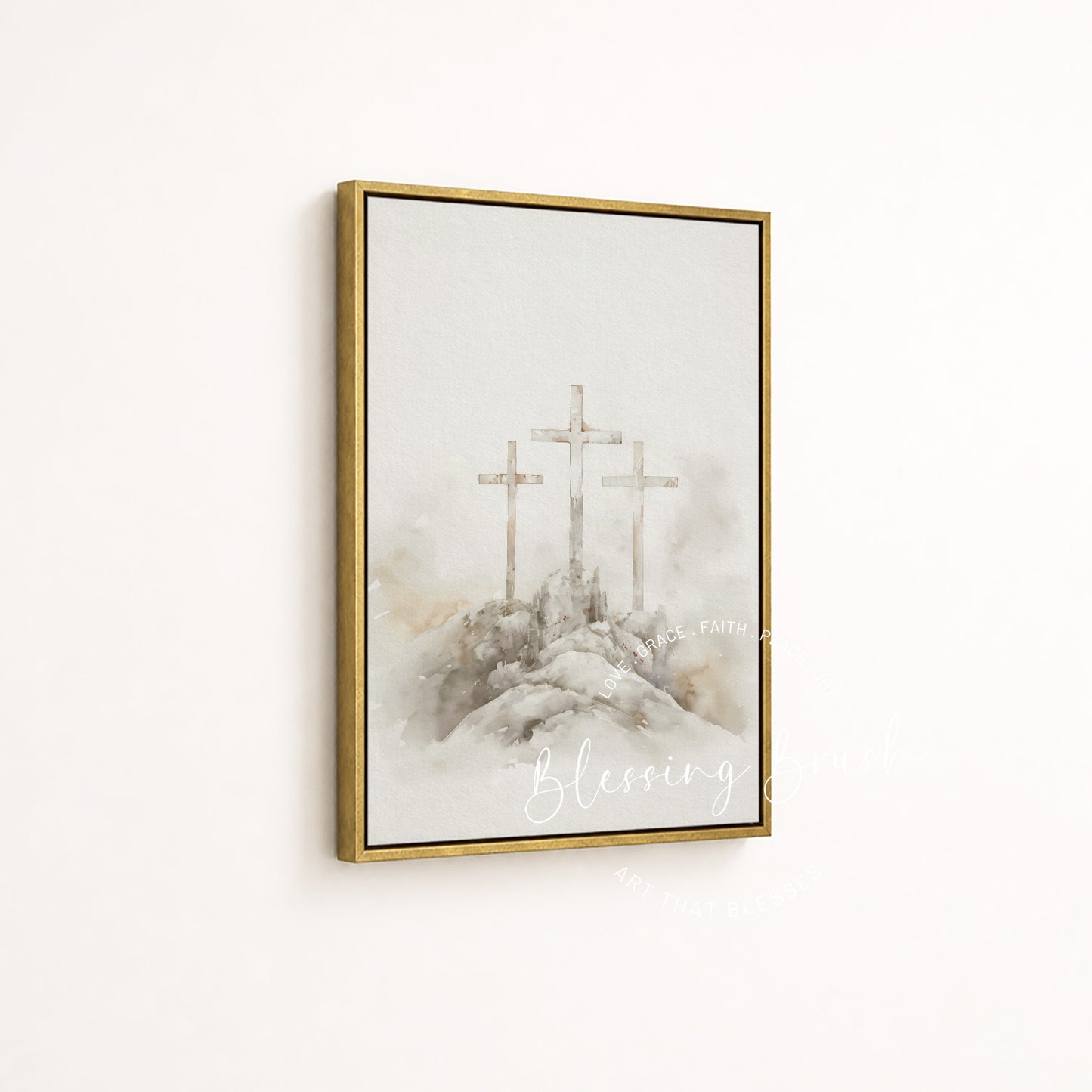 Cross of redemption with three crosses on Calvary Hill in a gold framed canvas by Blessing Brush