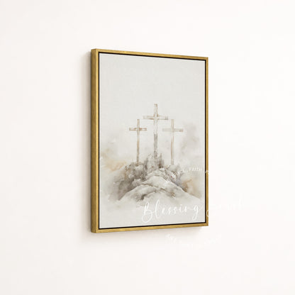 Cross of redemption with three crosses on Calvary Hill in a gold framed canvas by Blessing Brush