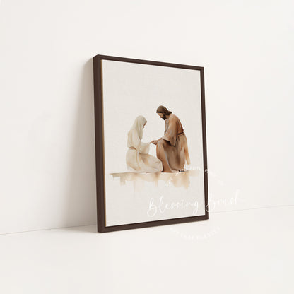 Dark wood framed scripture canvas art of Jesus healing the brokenhearted woman, faith Christian wall decor | Blessing Brush