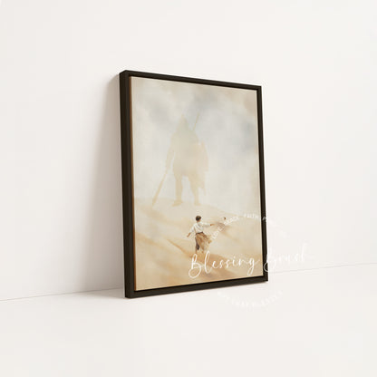 David and Goliath black frame Christian canvas art, meaningful baptism gift | Blessing Brush