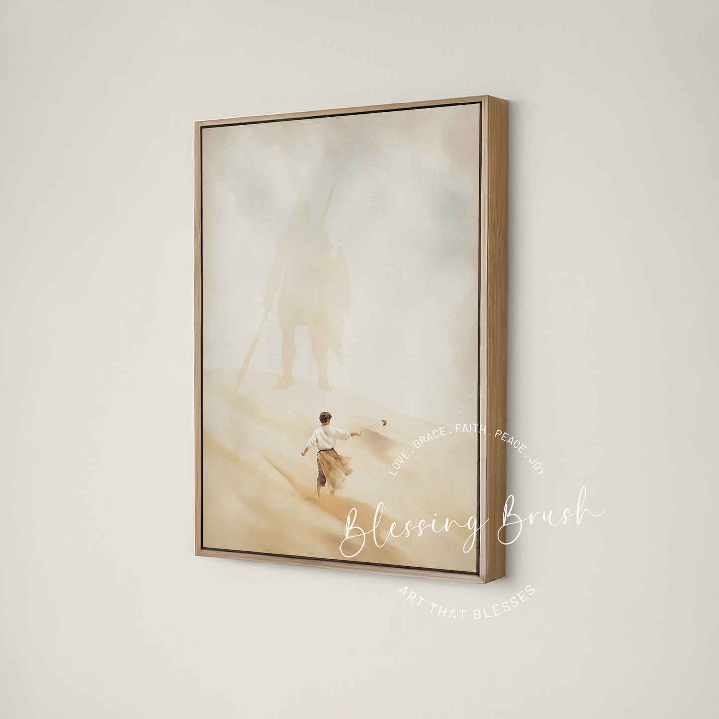 David and Goliath framed canvas Christian wall art, faith scripture decor for home | Blessing Brush