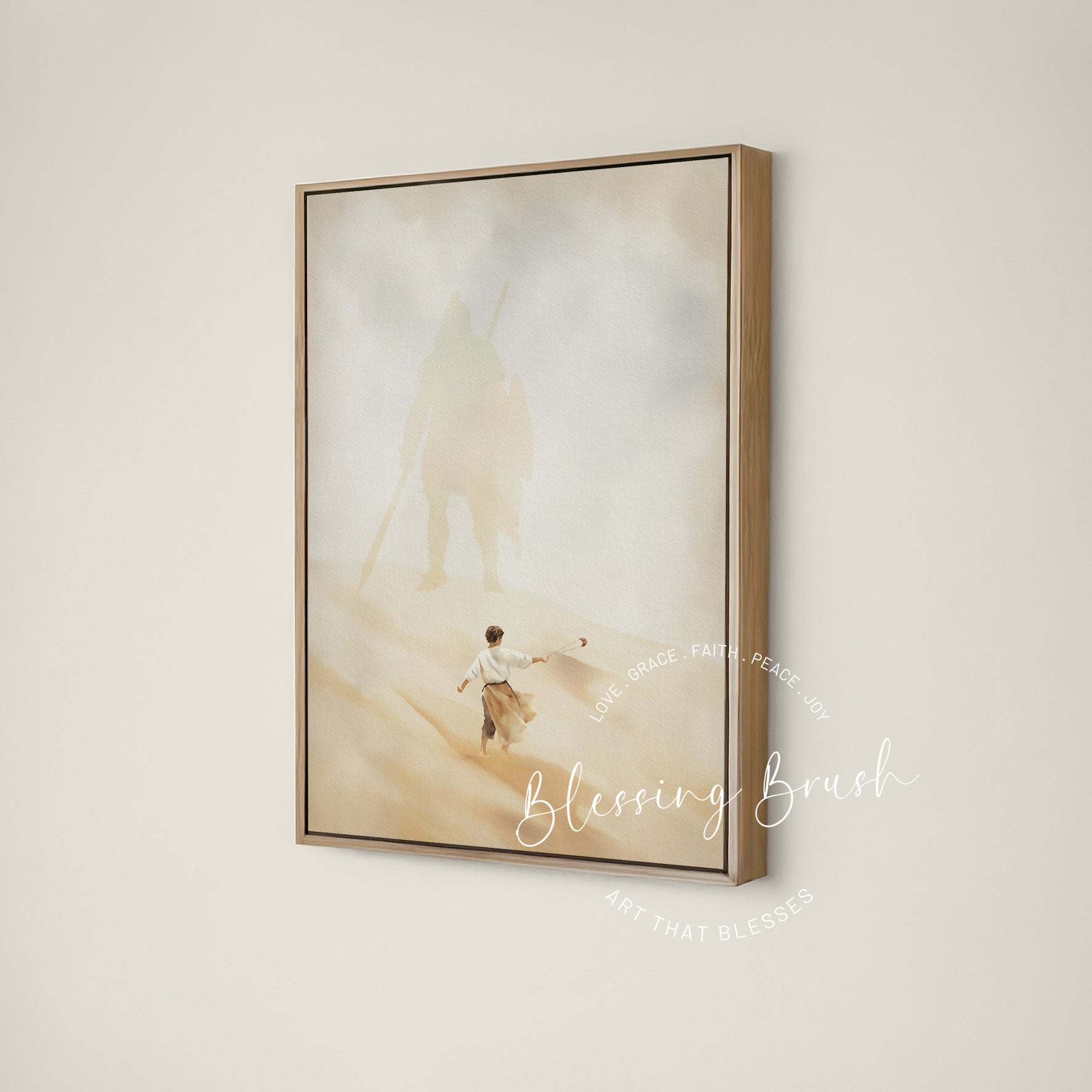 David and Goliath framed canvas Christian wall art, faith scripture decor for home | Blessing Brush