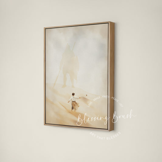 David and Goliath framed canvas Christian wall art, faith scripture decor for home | Blessing Brush