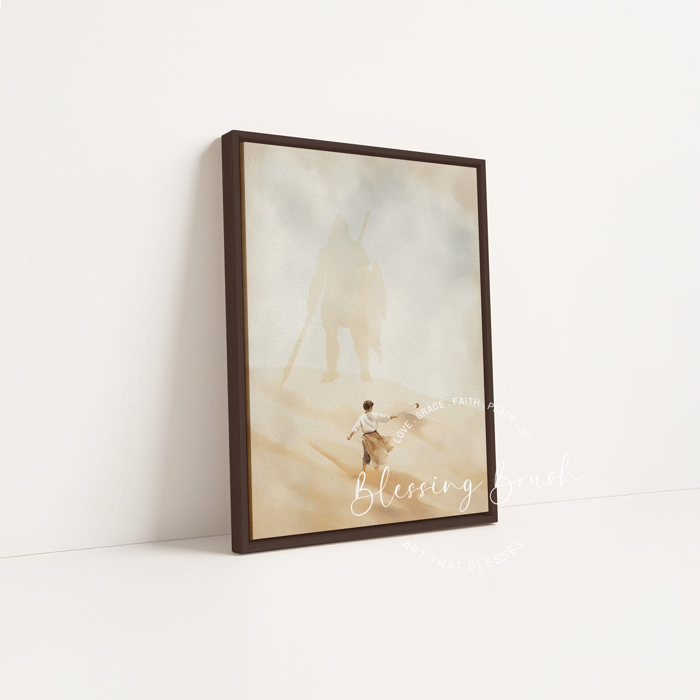 David and Goliath in a dark wood frame, rich Christian canvas painting ideal as a pastor appreciation gift | Blessing Brush