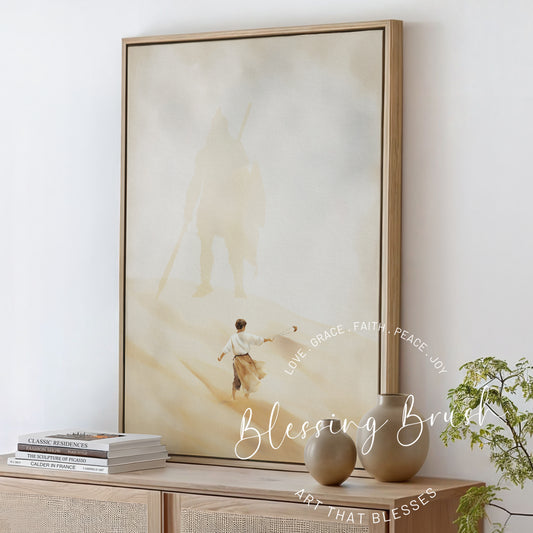 Christian watercolor painting of young David facing the giant Goliath’s shadow, framed neutral-toned canvas wall art inspired by 1 Samuel 17, Blessing Brush.