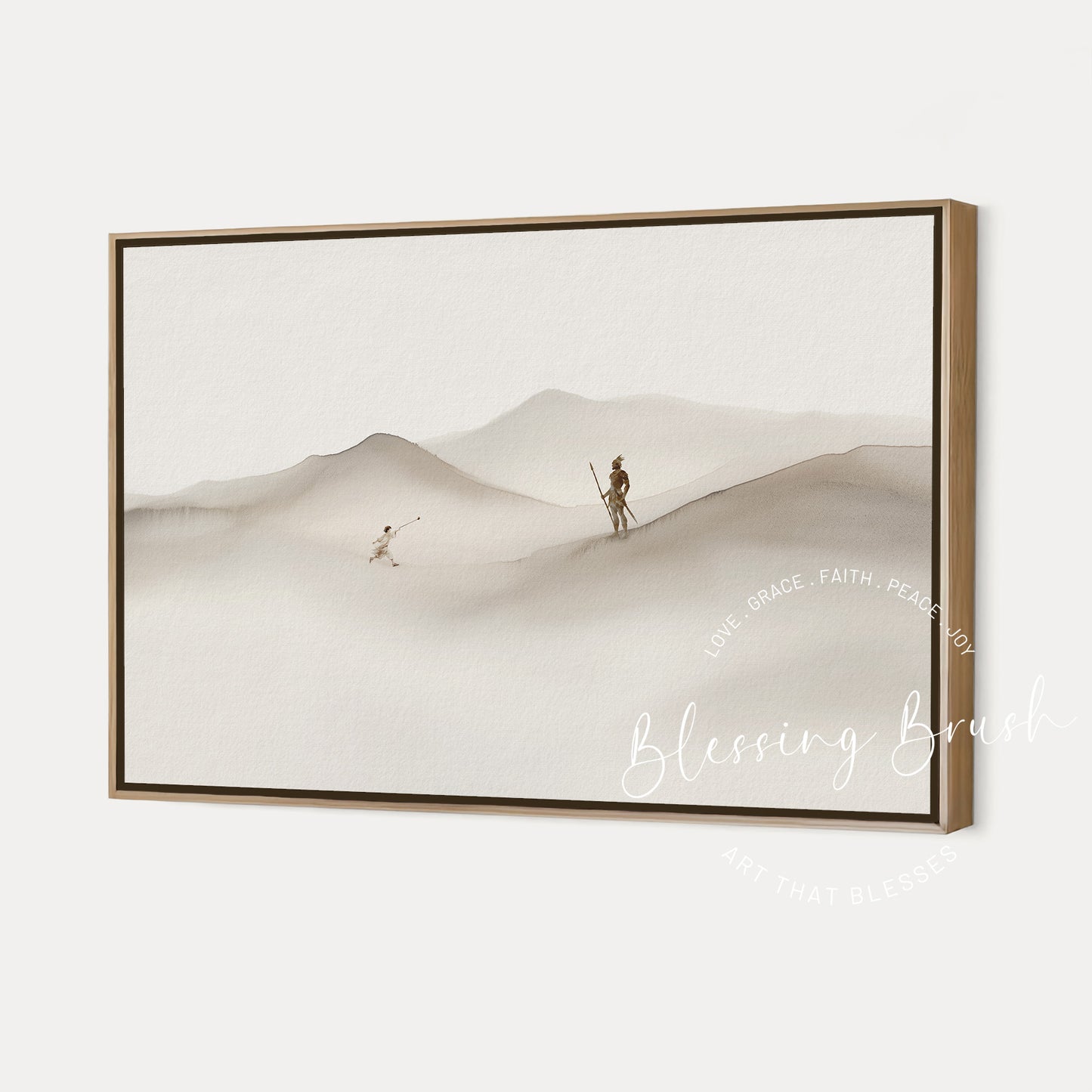 David facing Goliath in a neutral beige mountain landscape, minimalist Christian framed canvas wall art by Blessing Brush