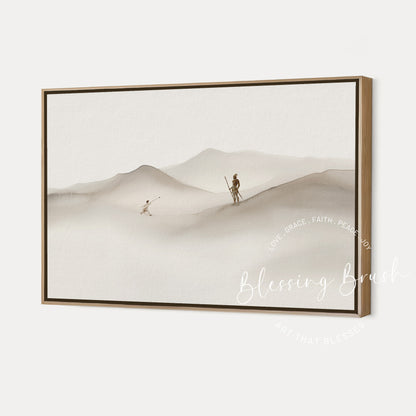 David facing Goliath in a neutral beige mountain landscape, minimalist Christian framed canvas wall art by Blessing Brush
