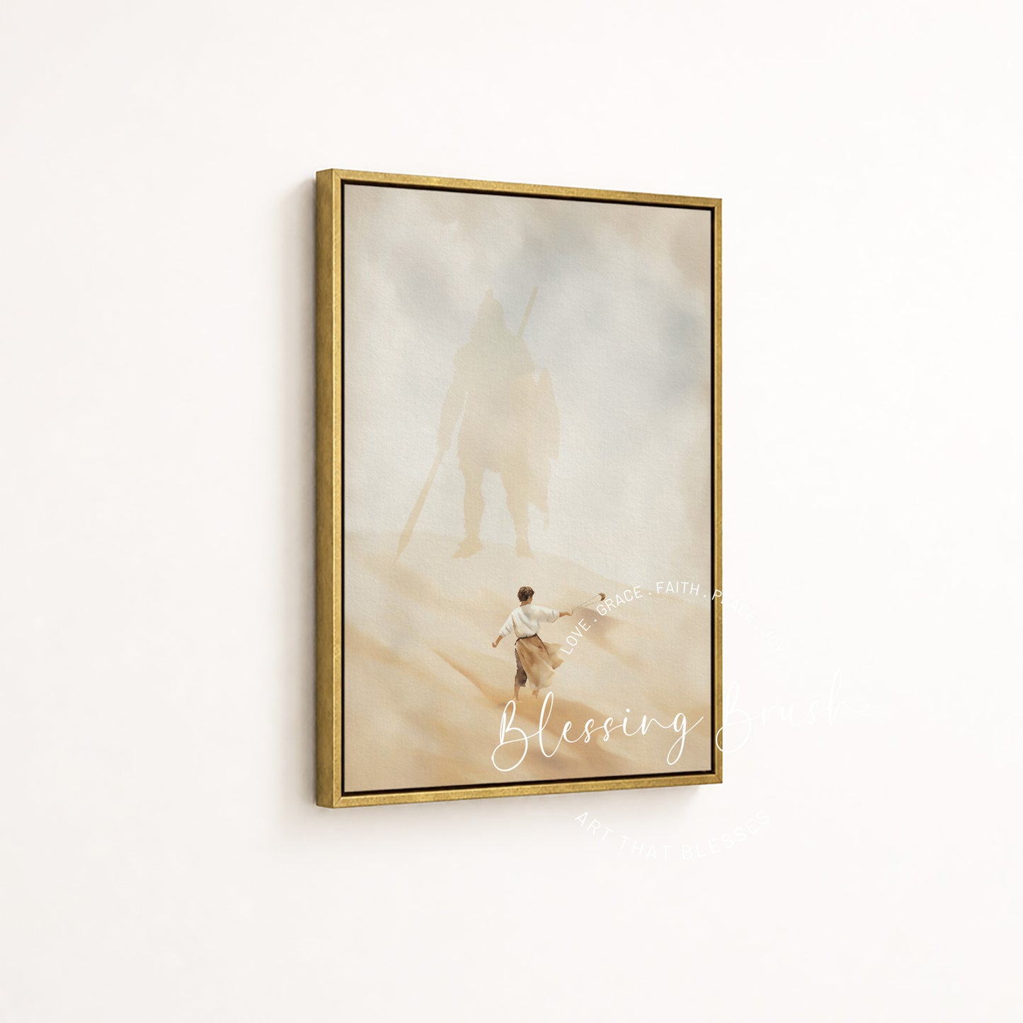 David and Goliath gold framed Christian art, elegant church office decor and inspirational spiritual gift | Blessing Brush
