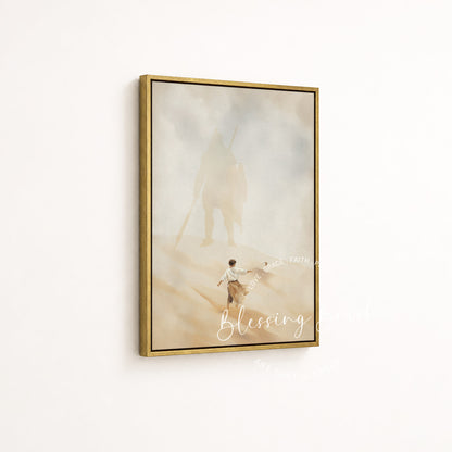 David and Goliath gold framed Christian art, elegant church office decor and inspirational spiritual gift | Blessing Brush