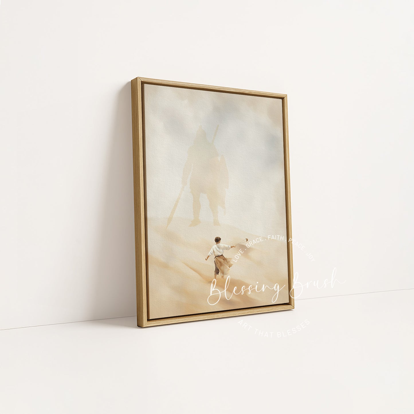 David and Goliath wood framed canvas Christian gift, warm farmhouse decor with Old Testament bible art | Blessing Brush