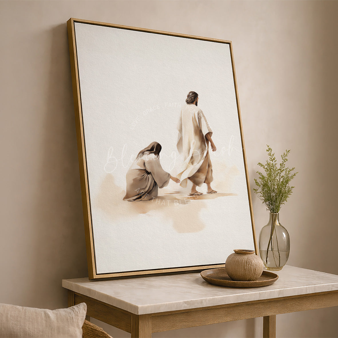 Woman reaching for Jesus’ robe in Your Faith Has Made You Well gold framed artwork by Blessing Brush