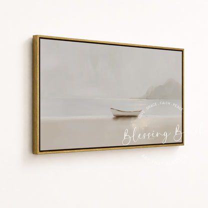 Fishers of Men Christian Wall Art Framed Canvas, Minimalist Neutral Boat Painting