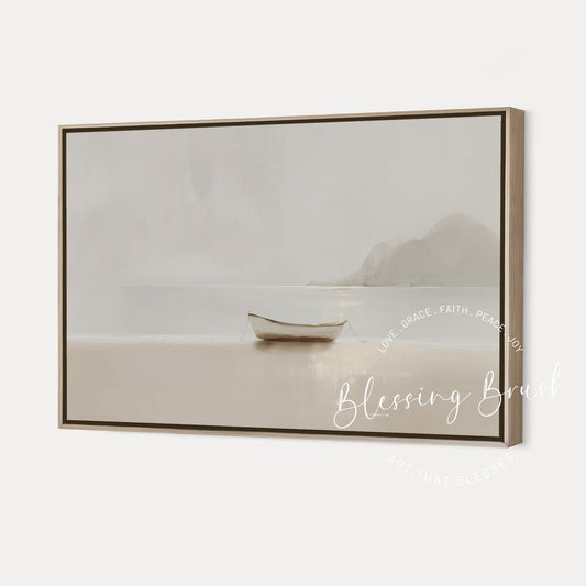 Minimalist Christian ocean framed canvas wall art featuring a solitary boat resting on calm waters inspired by fisher of man Matthew 4:19, warm neutral faith artwork — by Blessing Brush
