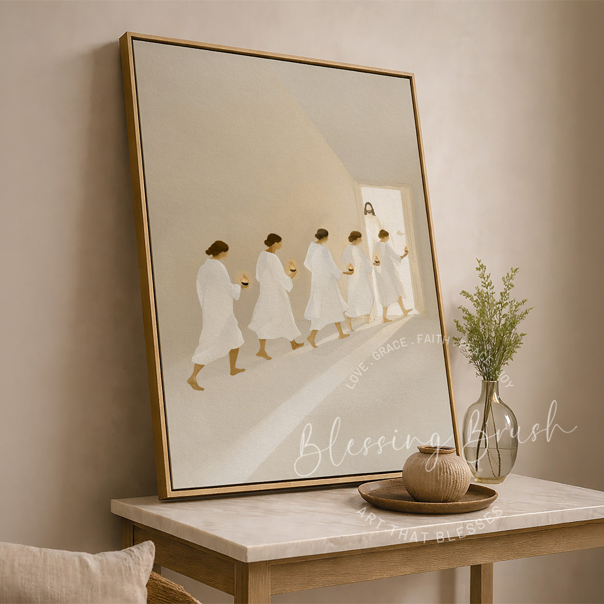 Parable of the Ten Virgins Jesus wall art  showing five wise virgins with burning lamps displayed as peaceful Christian wall decor by Blessing Brush
