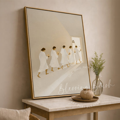 Parable of the Ten Virgins Jesus wall art  showing five wise virgins with burning lamps displayed as peaceful Christian wall decor by Blessing Brush