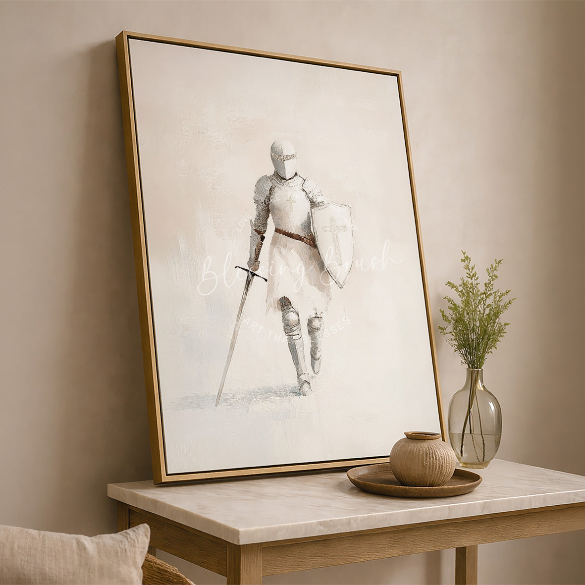 Full Armor of God knight with the Shield of Faith and Sword of the Spirit, Christian wall art by Blessing Brush