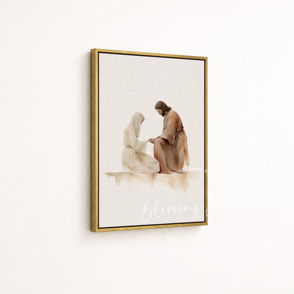 Elegant gold framed fine art piece of Jesus healing the woman with issue of blood, meaningful Christian gift for her | Blessing Brush
