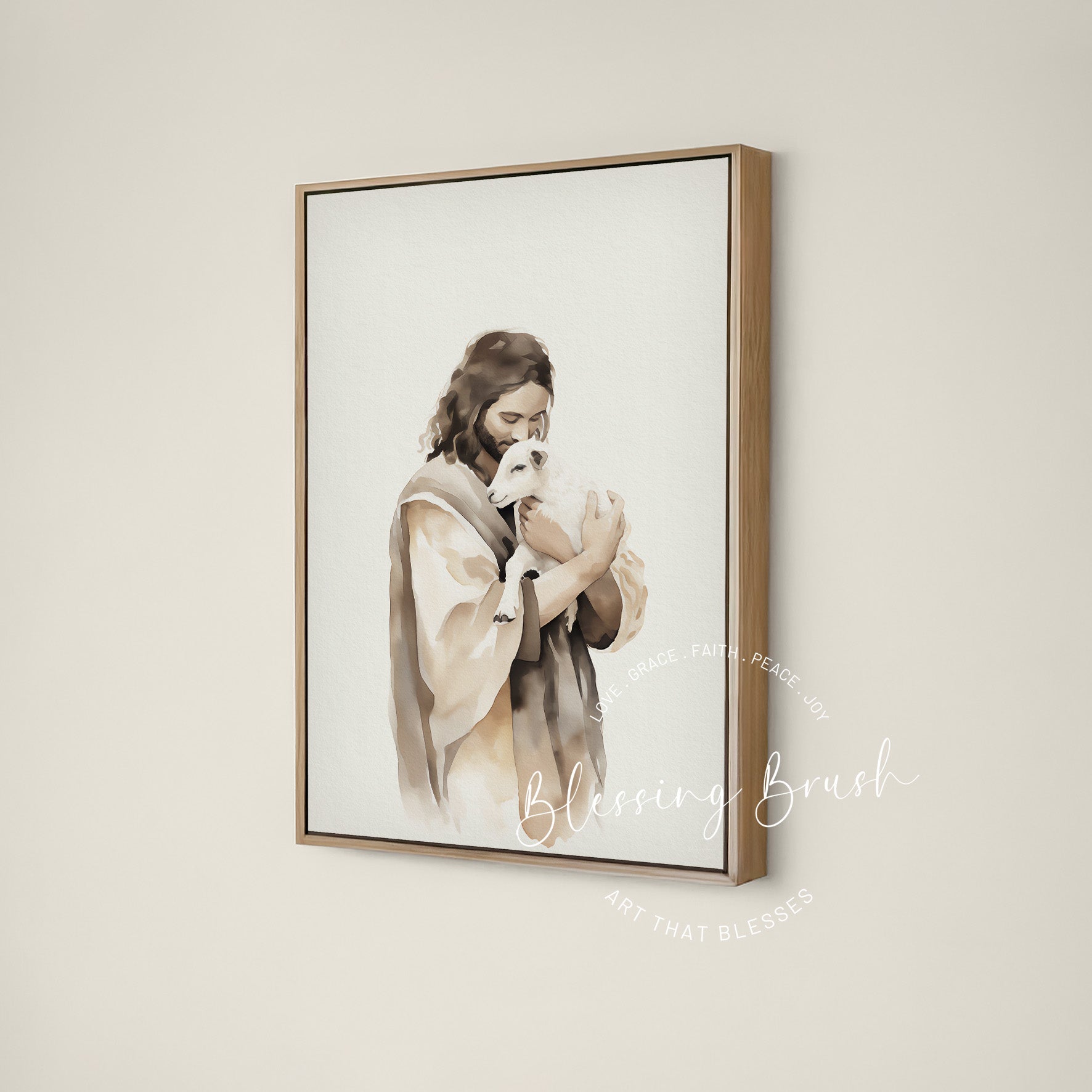 Jesus the Good Shepherd cradling a lost sheep, sacred fine art framed canvas, Psalm 23 Christian wall art | Blessing Brush