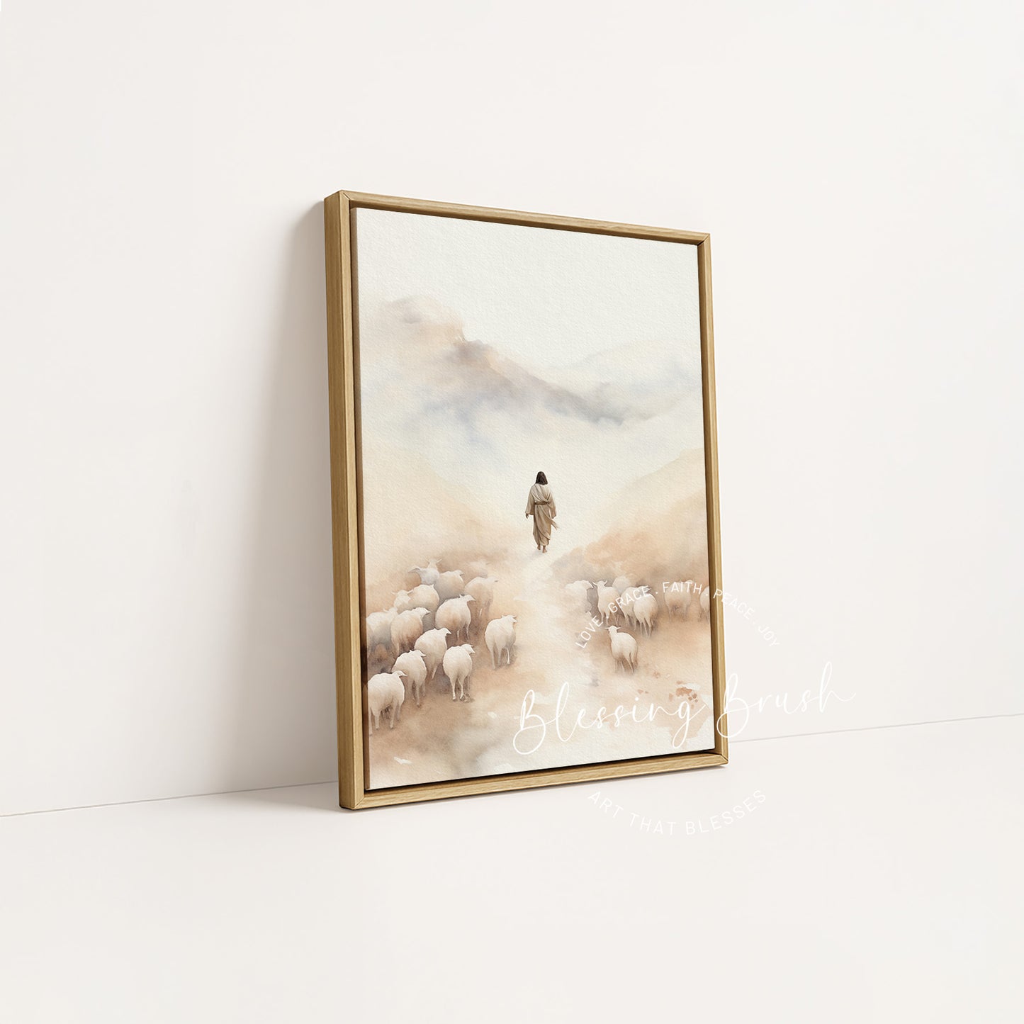Jesus going after the lost sheep in a natural wood framed Christian canvas by Blessing Brush