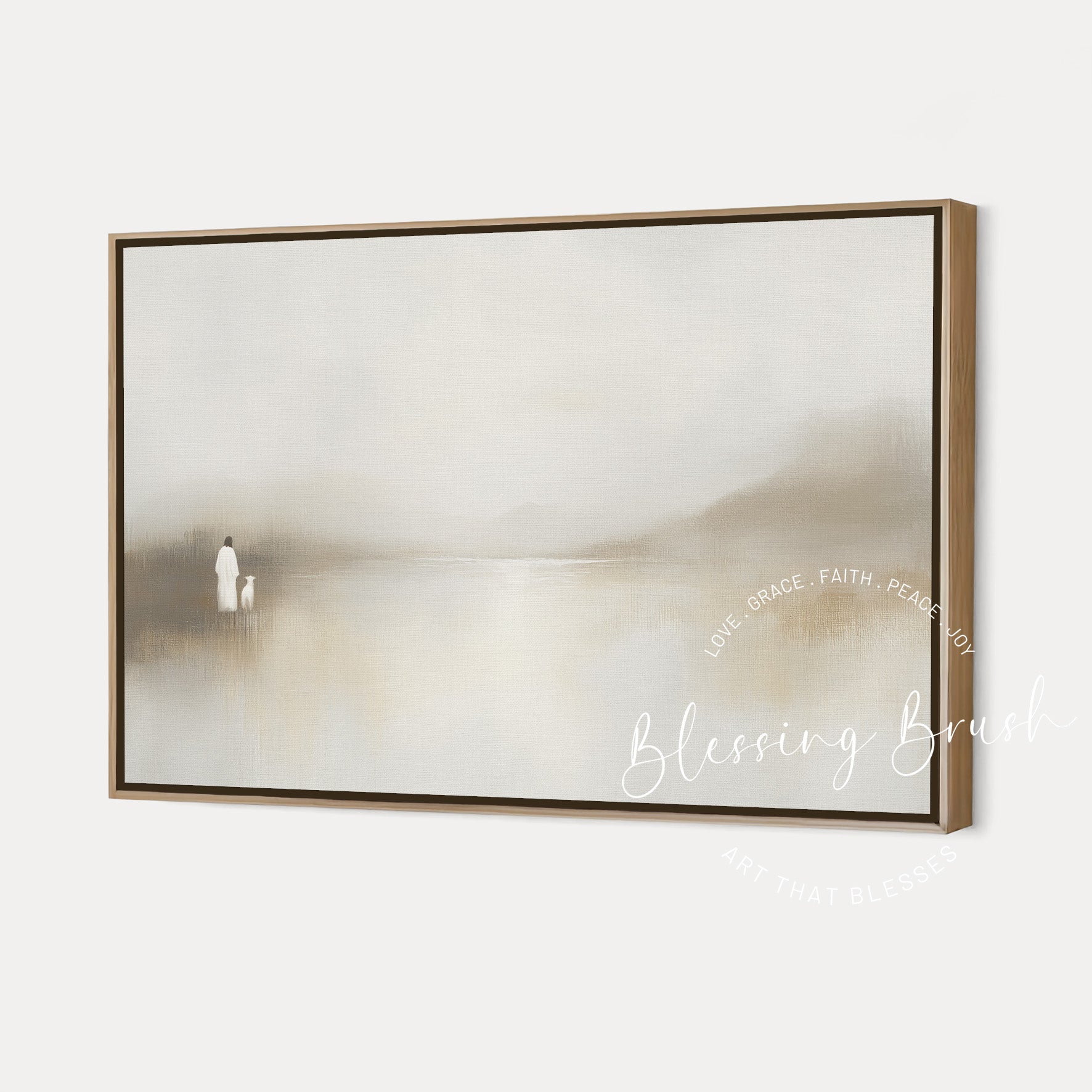 Minimalist framed canvas artwork of Jesus with a lamb by calm waters in a soft neutral landscape, inspired by Psalm 23. Blessing Brush Art.