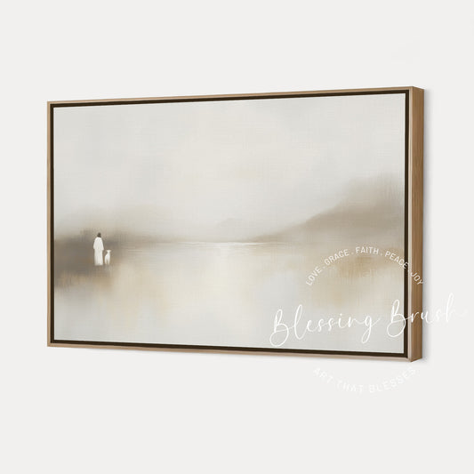Minimalist framed canvas artwork of Jesus with a lamb by calm waters in a soft neutral landscape, inspired by Psalm 23. Blessing Brush Art.