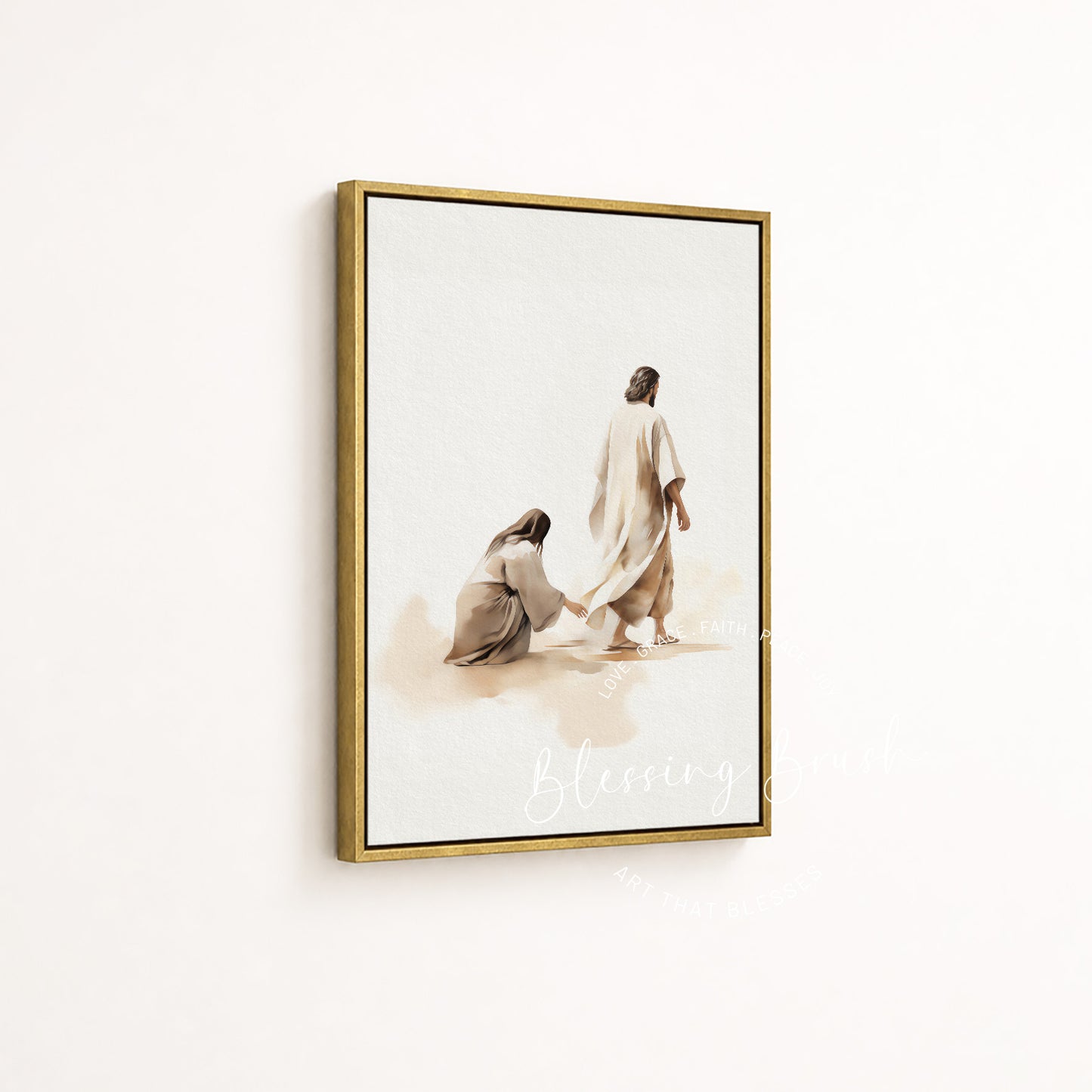 Healing miracle of Jesus and the bleeding woman displayed in a gold framed Christian canvas by Blessing Brush