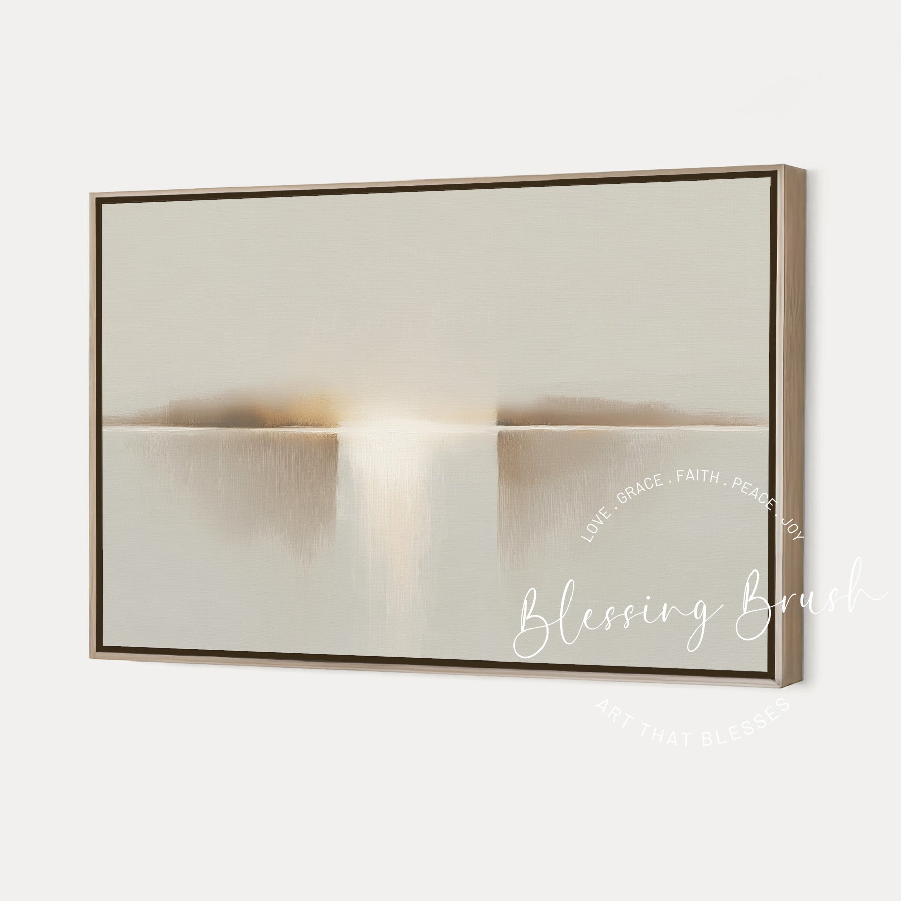Minimalist Christian framed canvas wall art showing heavenly light over a calm horizon inspired by “Let there be light” and “Light of the world” in warm neutral beige tones — by Blessing Brush