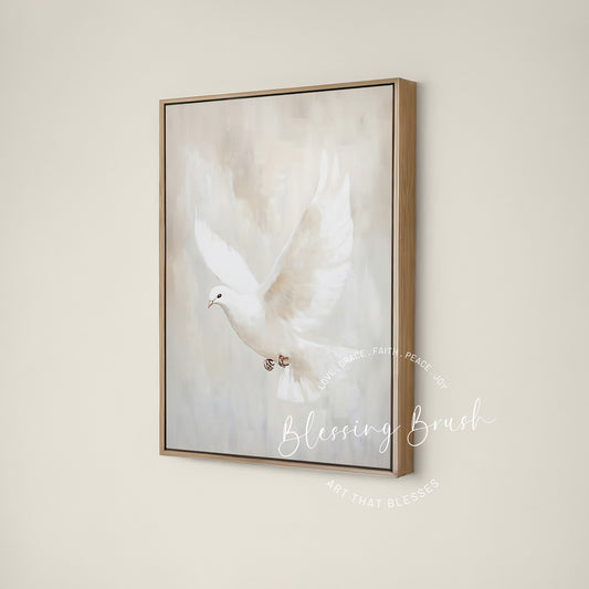 Minimalist Christian wall art of a white dove, symbolizing the Holy Spirit. Abstract soft beige background. Vertical framed canvas for peace, faith, and spiritual comfort. Blessing Brush Art.
