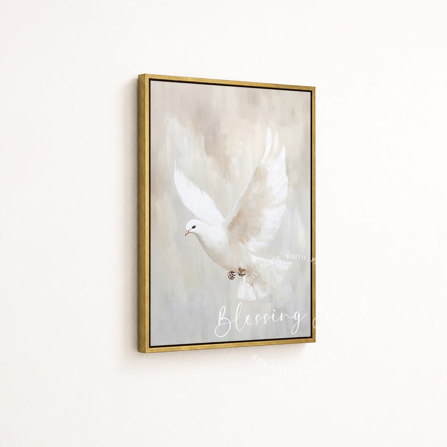 Holy Spirit white Dove displayed in a gold framed Christian canvas by Blessing Brush
