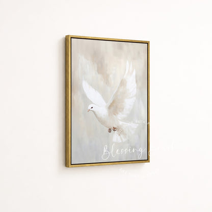 Holy Spirit white Dove displayed in a gold framed Christian canvas by Blessing Brush