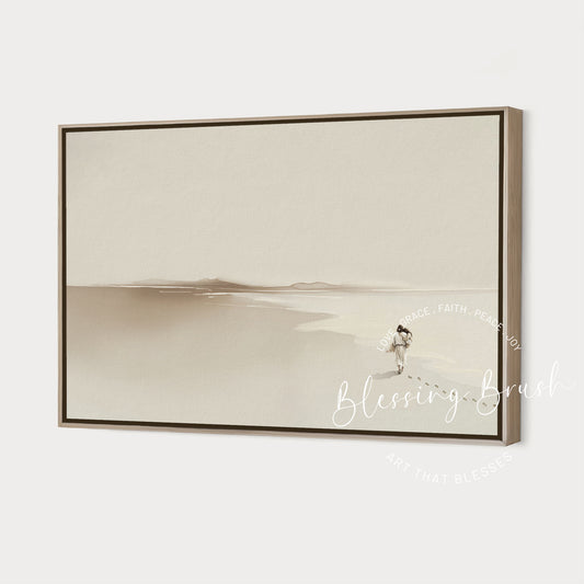 Beige modern minimalist watercolor of Jesus carrying a person along the shoreline. I never let you go - inspired by Footprints in the Sand. Uplifting Christian wall art by Blessing Brush.