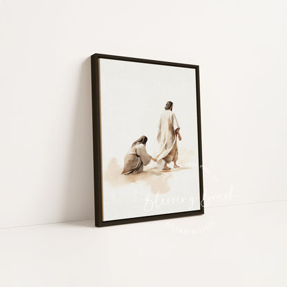 Woman reaching for Jesus’ garment, inspired by Matthew 9:21, black framed Christian canvas by Blessing Brush